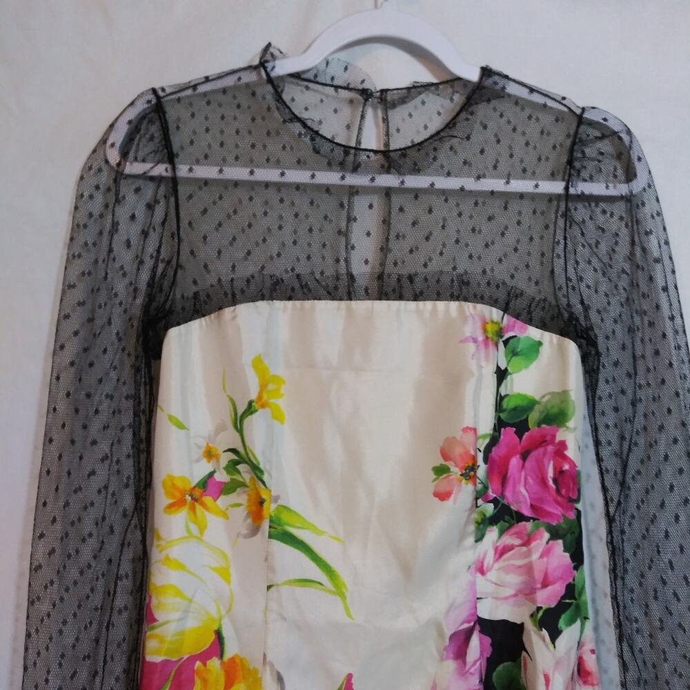 Blumarine Silk Floral Dress with Sheer Black Sleeves Luxury Feminine Size Small - Picture 2 of 11